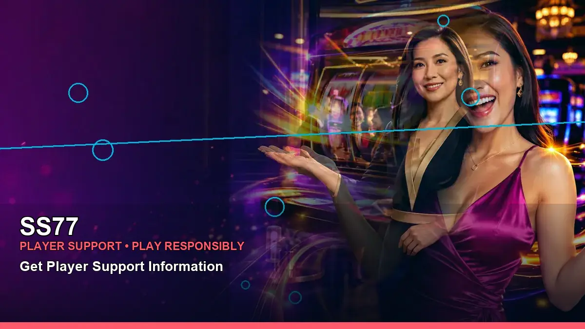 SS77 mobile casino first deposit rewards featuring an adult Filipina casino host with a right-framed composition