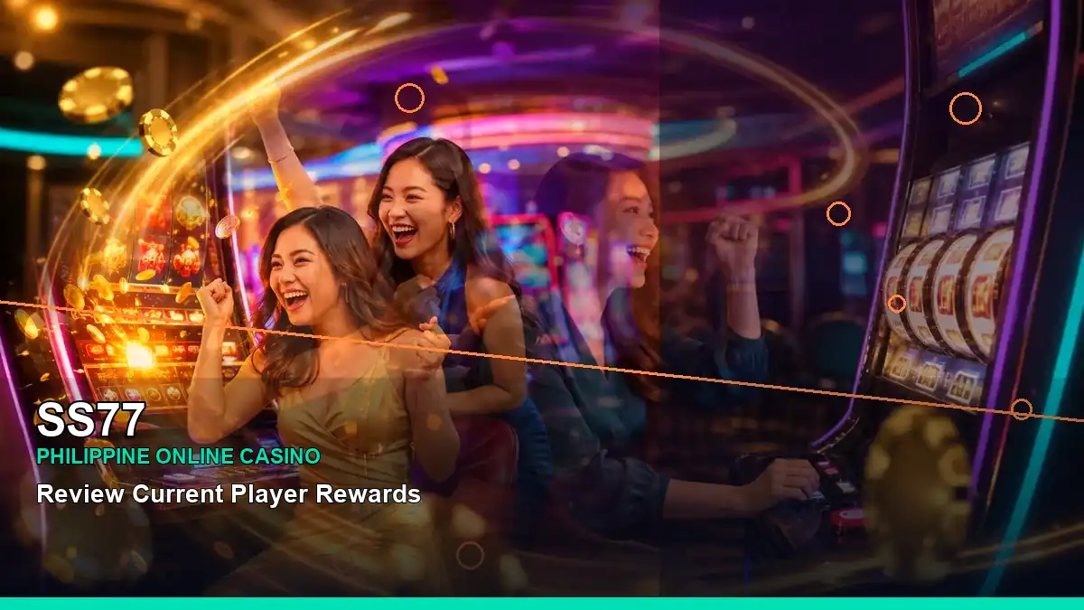 SS77 Philippines casino guide with right-diagonal casino cashback rewards and an adult Filipina casino host